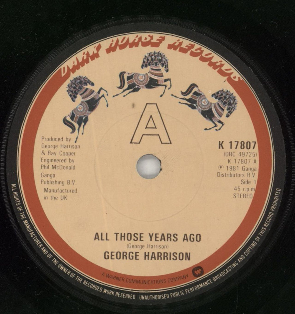 George Harrison All Those Years Ago + Sleeve UK 7" vinyl single (7 inch record / 45) GHA07AL55612