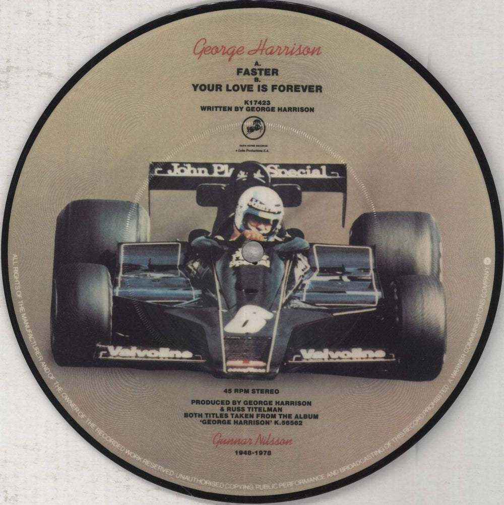 George Harrison Faster + Insert - EX UK 7" vinyl picture disc (7 inch picture disc single)