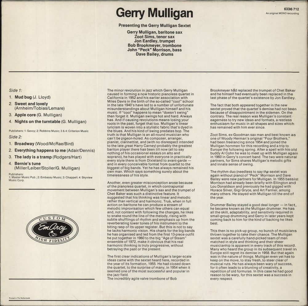 Gerry Mulligan Presenting The Gerry Mulligan Sextet Dutch vinyl LP album (LP record)