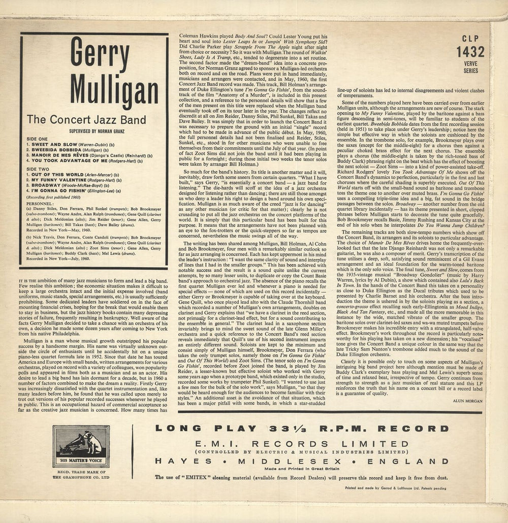 Gerry Mulligan The Concert Jazz Band UK vinyl LP album (LP record)