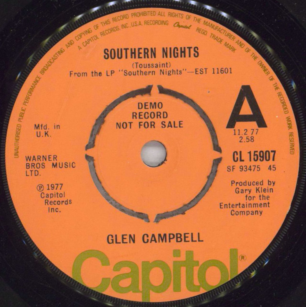 Glen Campbell Southern Nights UK Promo 7" vinyl single (7 inch record / 45) CL15907