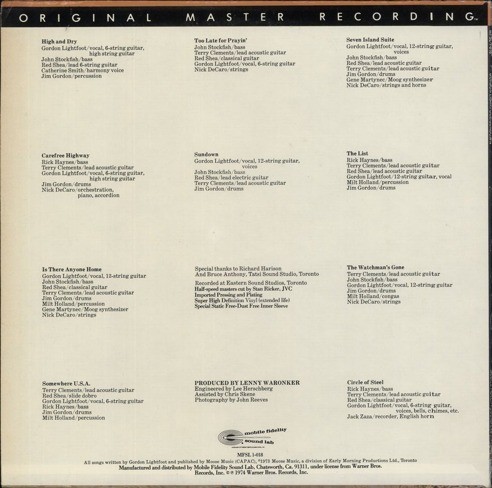 Gordon Lightfoot Sundown - Half-Speed Mastered US vinyl LP album (LP record)