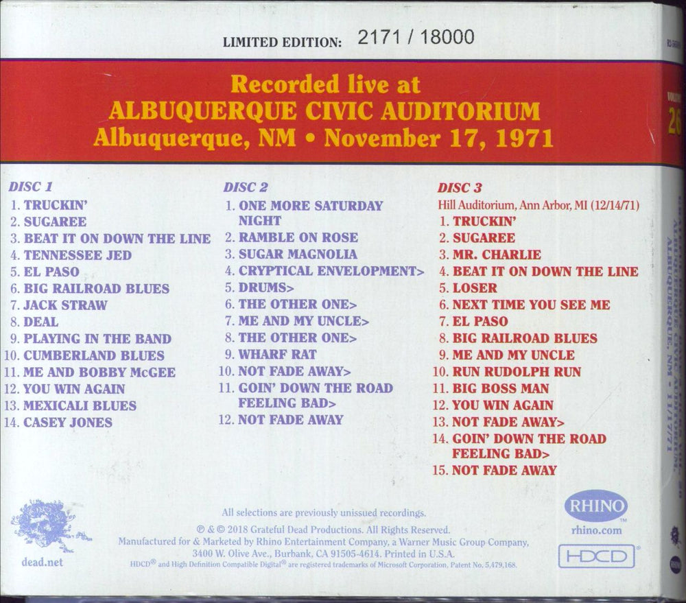 Grateful Dead Dave's Picks Volume 26: Albuquerque Civic Auditorium, Albuquerque, NM 11/17/71 US 3-CD album set (Triple CD)