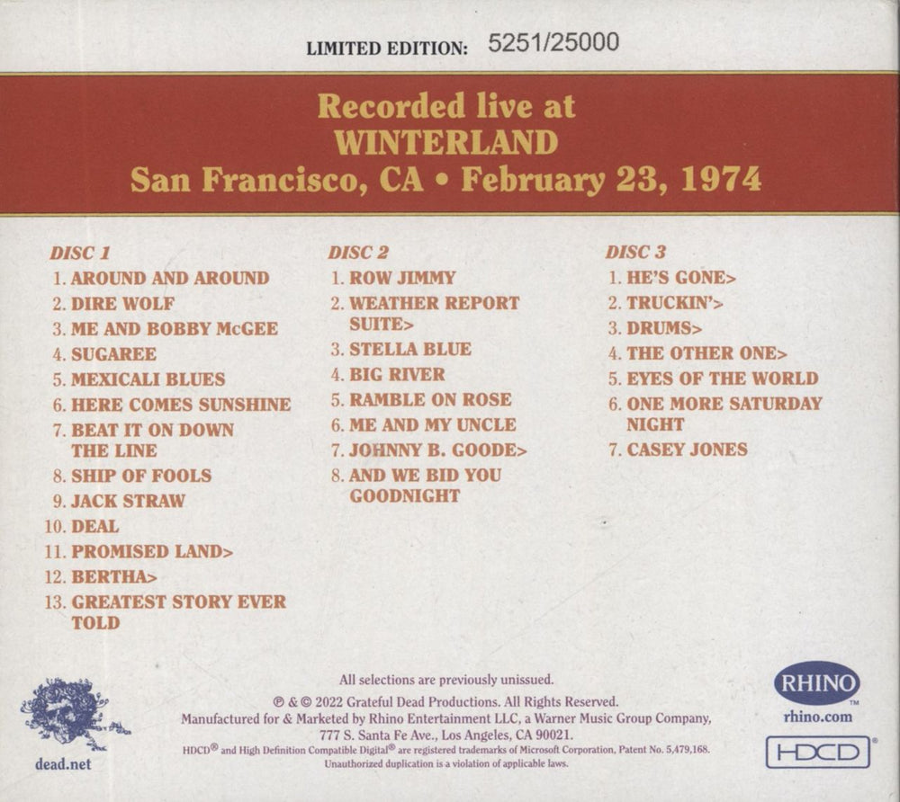 Grateful Dead Dave's Picks, Volume 42 (Winterland, San Francisco, CA - 2/23/74) US 3-CD album set (Triple CD)