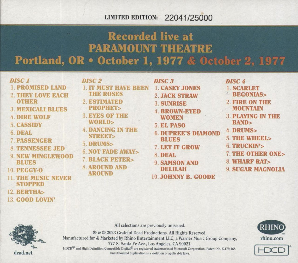 Grateful Dead Dave's Picks, Volume 45 (Paramount Theatre, Portland, OR 10/1/77 & 10/2/77) US 4-CD album set