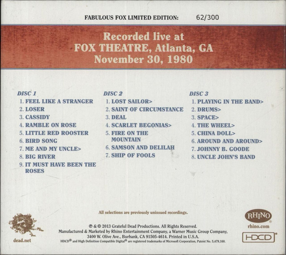 Grateful Dead Dave's Picks Volume 8: Fox Theatre, Atlanta, GA 11/30/80 US 3-CD album set (Triple CD)