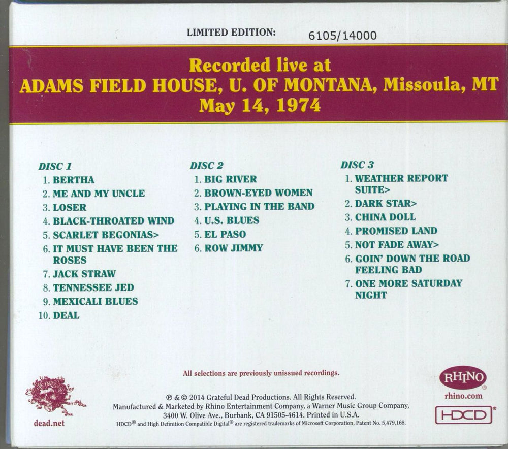 Grateful Dead Dave's Picks Volume 9: Harry Adams Field House, U. Of Montana, Missoula, MT 5/14/74 US 3-CD album set (Triple CD)