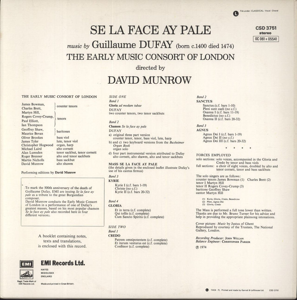 Guillaume Dufay Mass: Se La Face Ay Pale UK vinyl LP album (LP record)