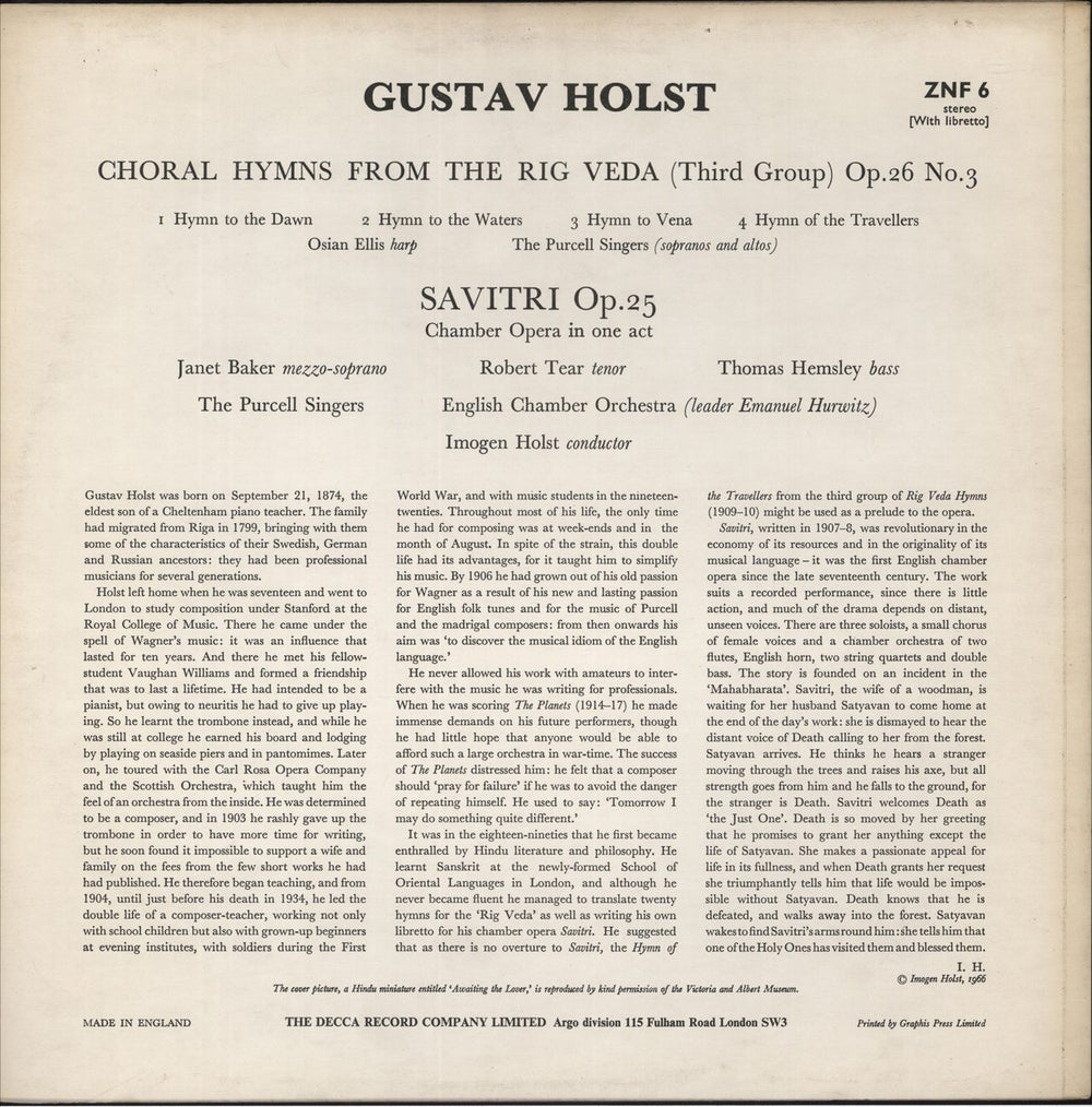Gustav Holst Holst: Savitri And Choral Hymns UK vinyl LP album (LP record)