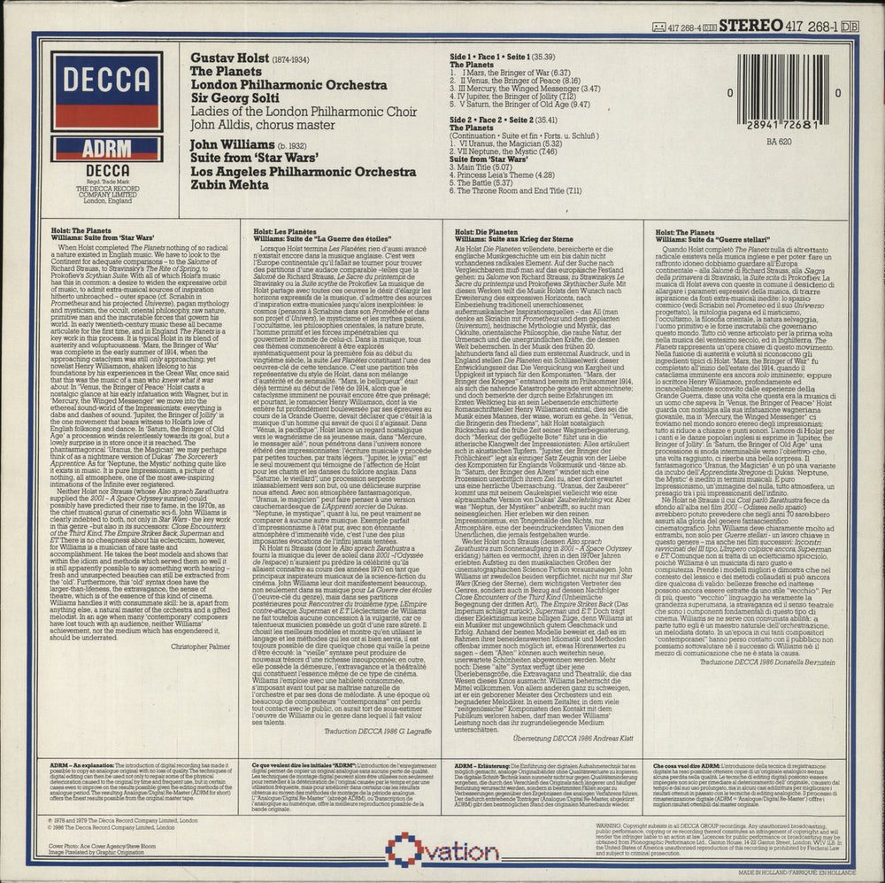 Gustav Holst Holst: The Planets / Williams: Star Wars German vinyl LP album (LP record) 028941726810