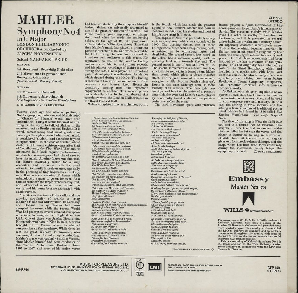 Gustav Mahler Fourth Symphony UK vinyl LP album (LP record)