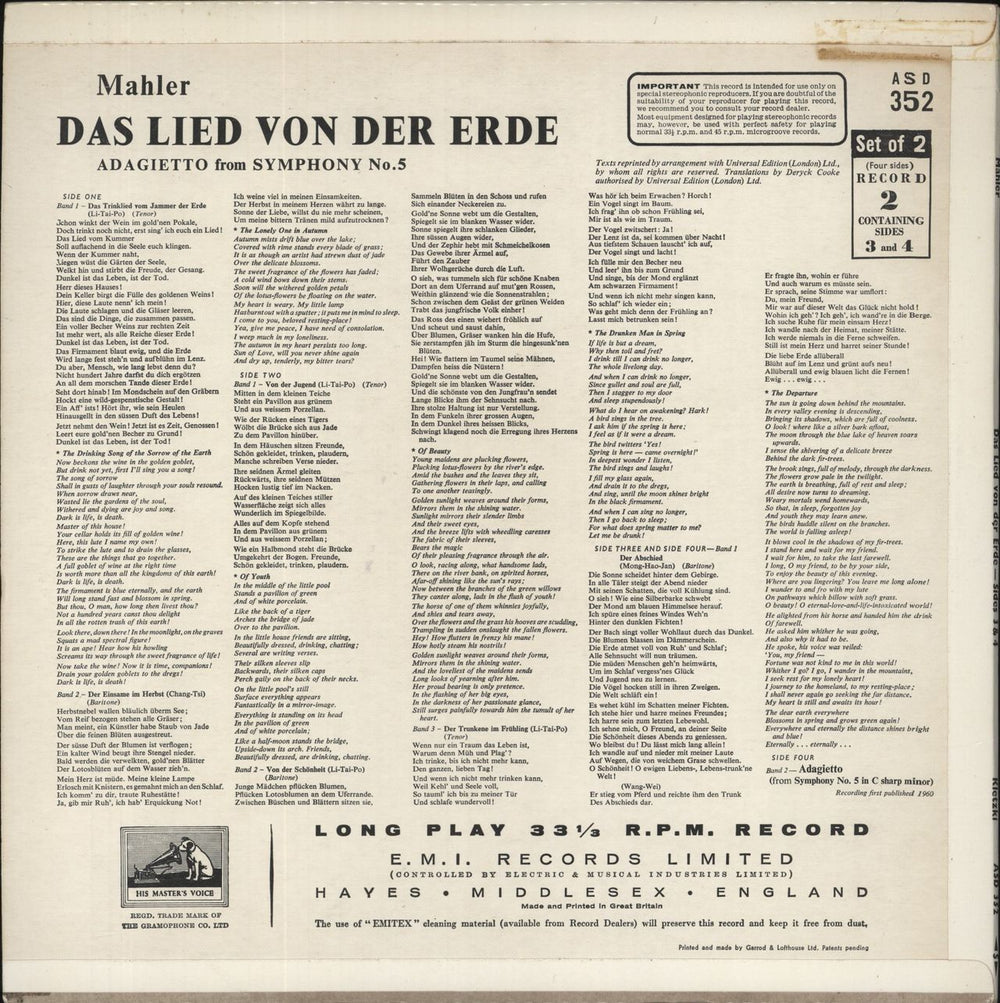 Gustav Mahler Mahler: Das Lied Von Der Erde UK 2-LP vinyl record set (Double LP Album)