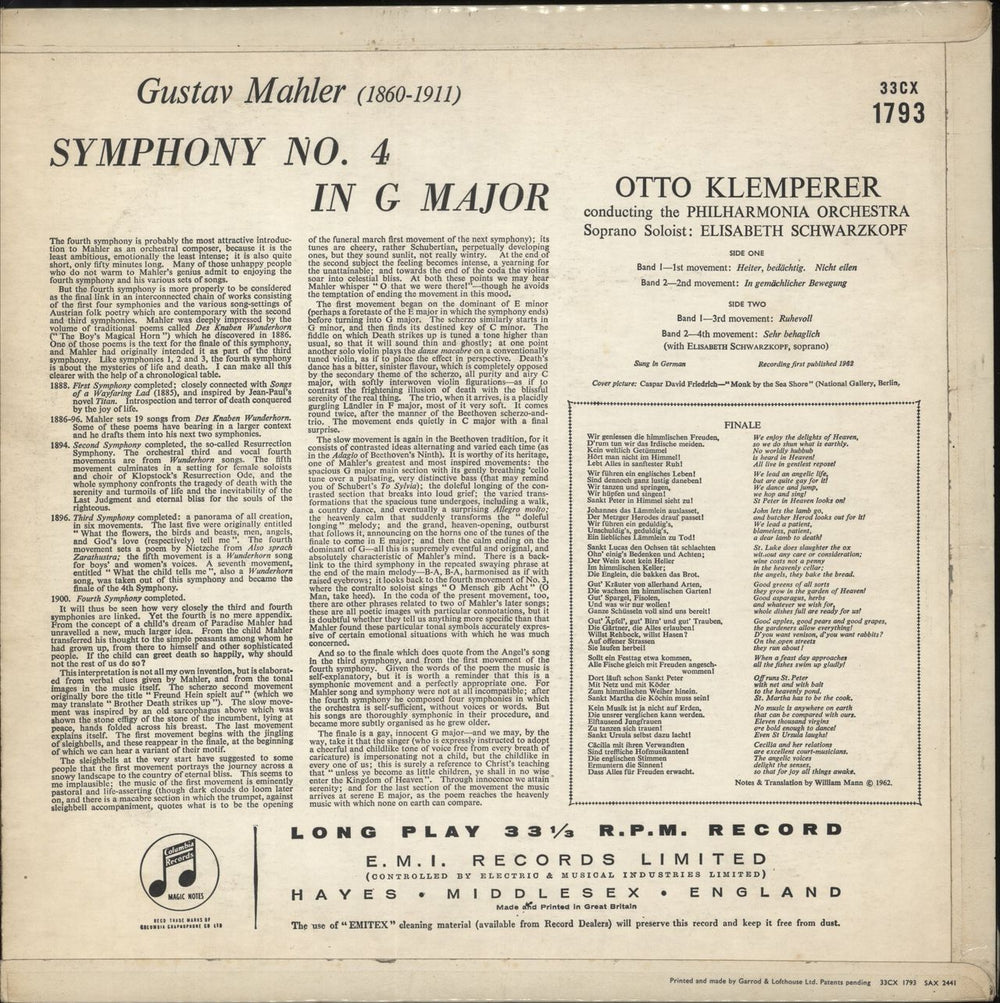 Gustav Mahler Symphony No. 4 in G Major UK vinyl LP album (LP record)