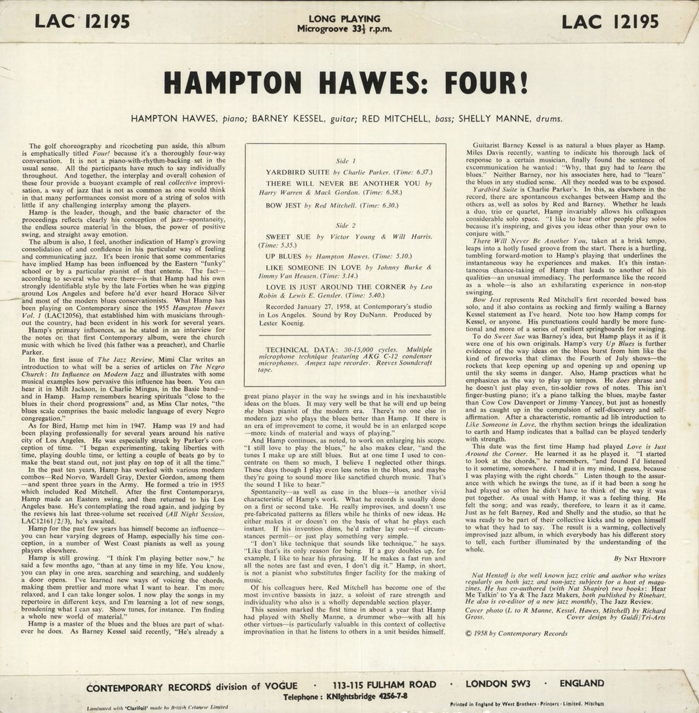 Hampton Hawes Four! UK vinyl LP album (LP record)