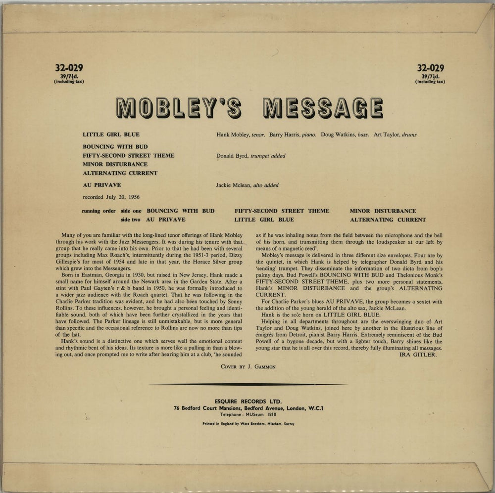 Hank Mobley Mobley's Message UK vinyl LP album (LP record) HMOLPMO649217