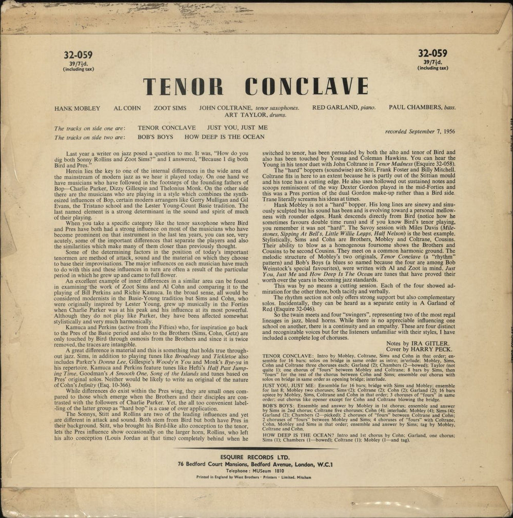 Hank Mobley Tenor Conclave UK vinyl LP album (LP record)