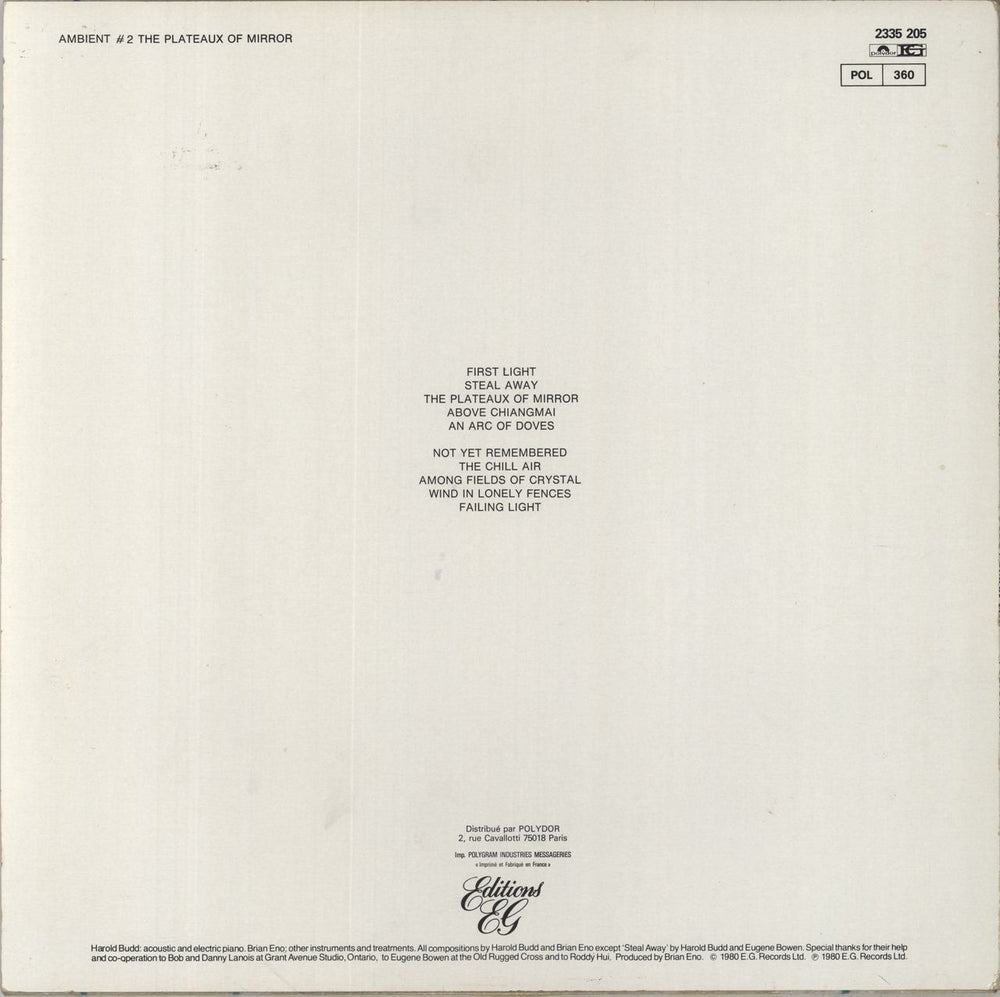 Harold Budd Ambient #2 The Plateaux Of Mirror French vinyl LP album (LP record)