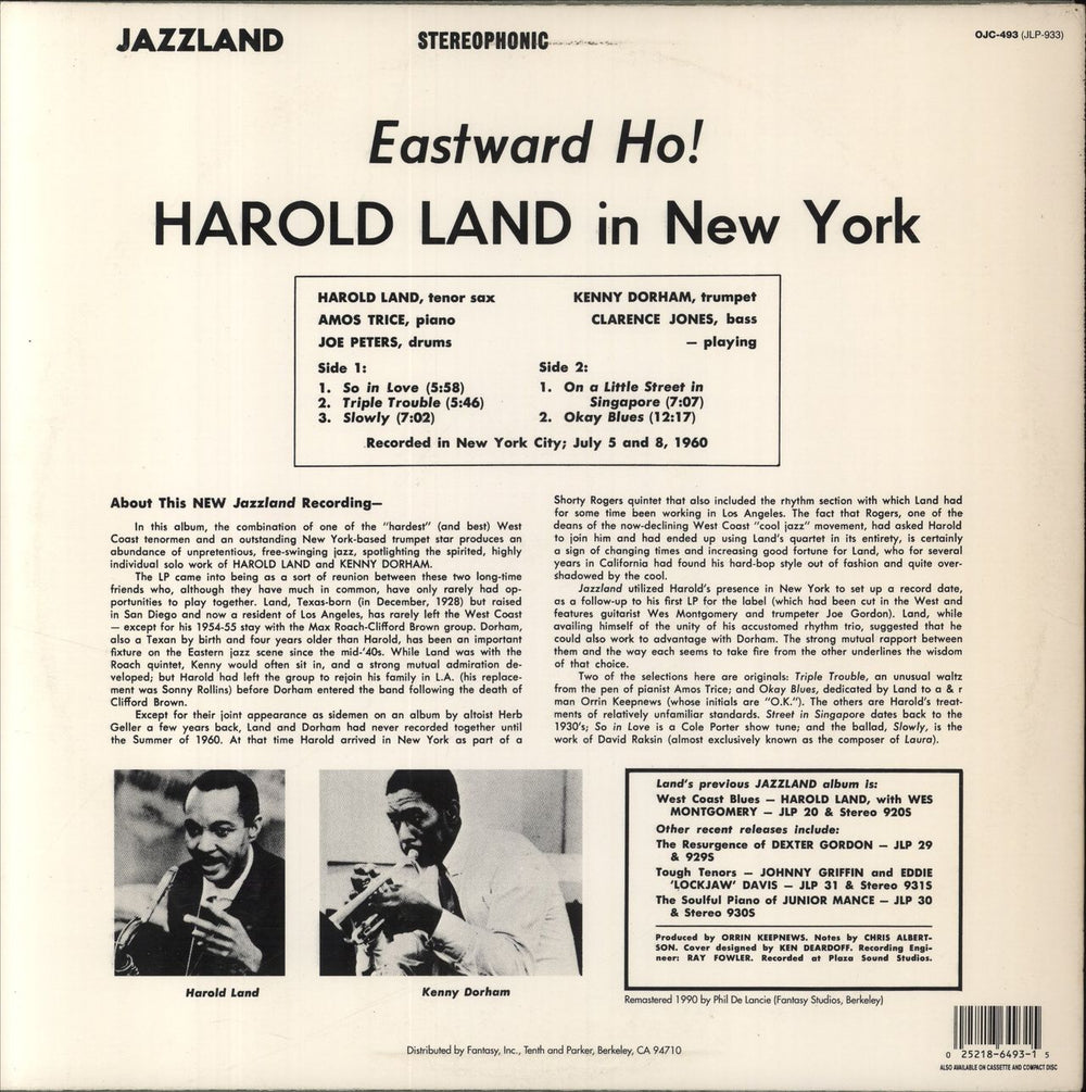 Harold Land Eastward Ho! Harold Land In New York US vinyl LP album (LP record) 025218649315