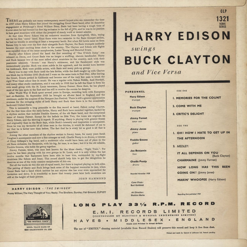 Harry 'Sweets' Edison Harry Edison Swings Buck Clayton (And Vice Versa) UK vinyl LP album (LP record)