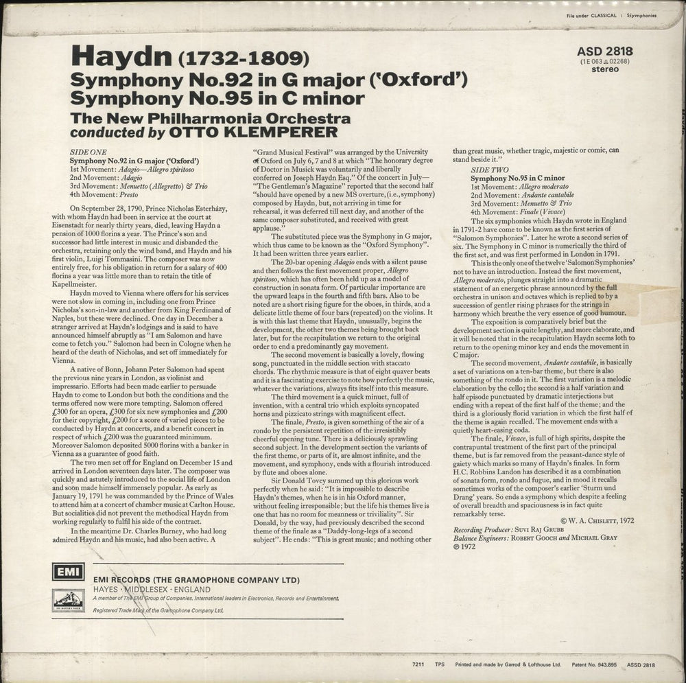 Hayden Haydn Symphonies: Symphony No. 92 In G ("Oxford") - Symphony No. 95 In C Minor UK vinyl LP album (LP record)