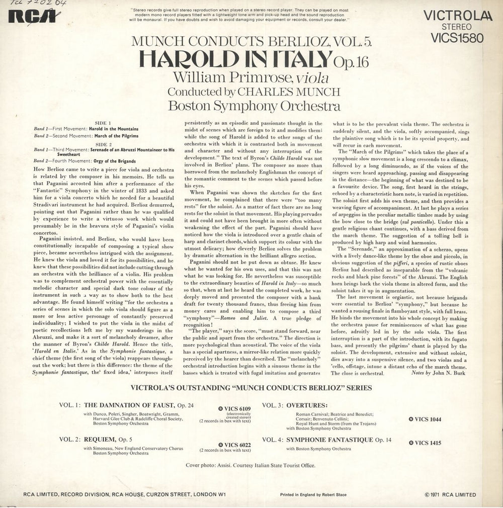 Hector Berlioz Harold In Italy UK vinyl LP album (LP record)