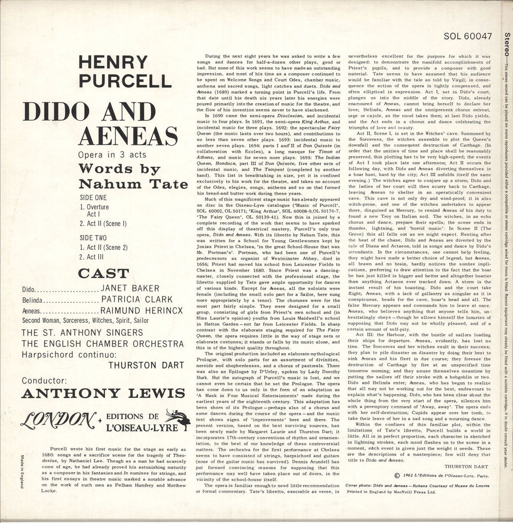 Henry Purcell Dido And Aeneas UK vinyl LP album (LP record)