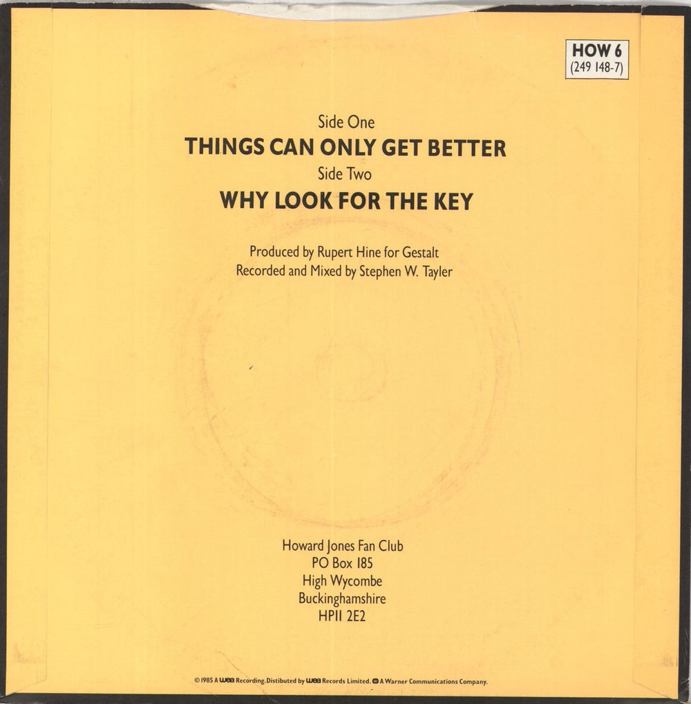 Howard Jones Things Can Only Get Better - Yellow Sleeve UK 7" vinyl single (7 inch record / 45)
