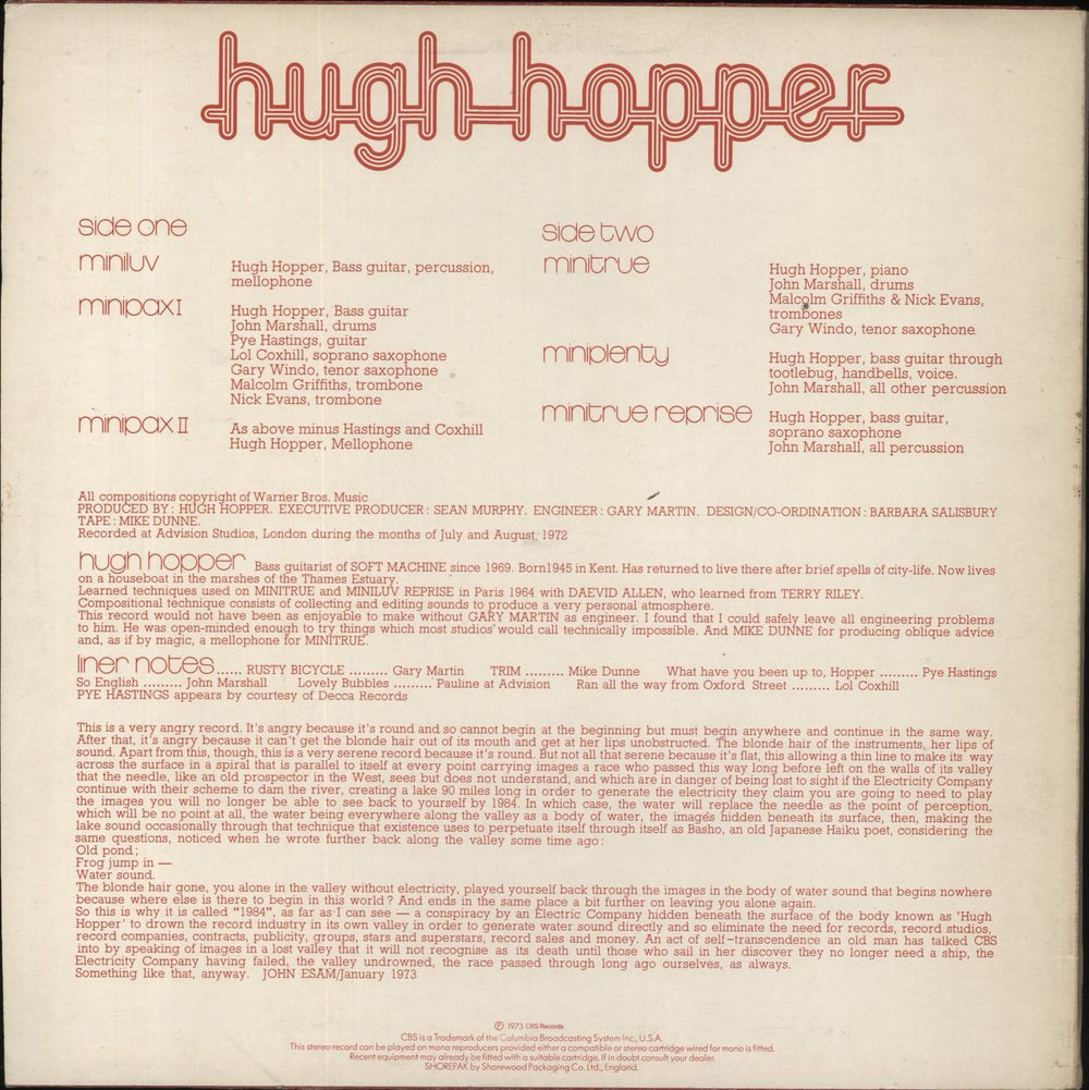 Hugh Hopper 1984 - EX UK vinyl LP album (LP record)
