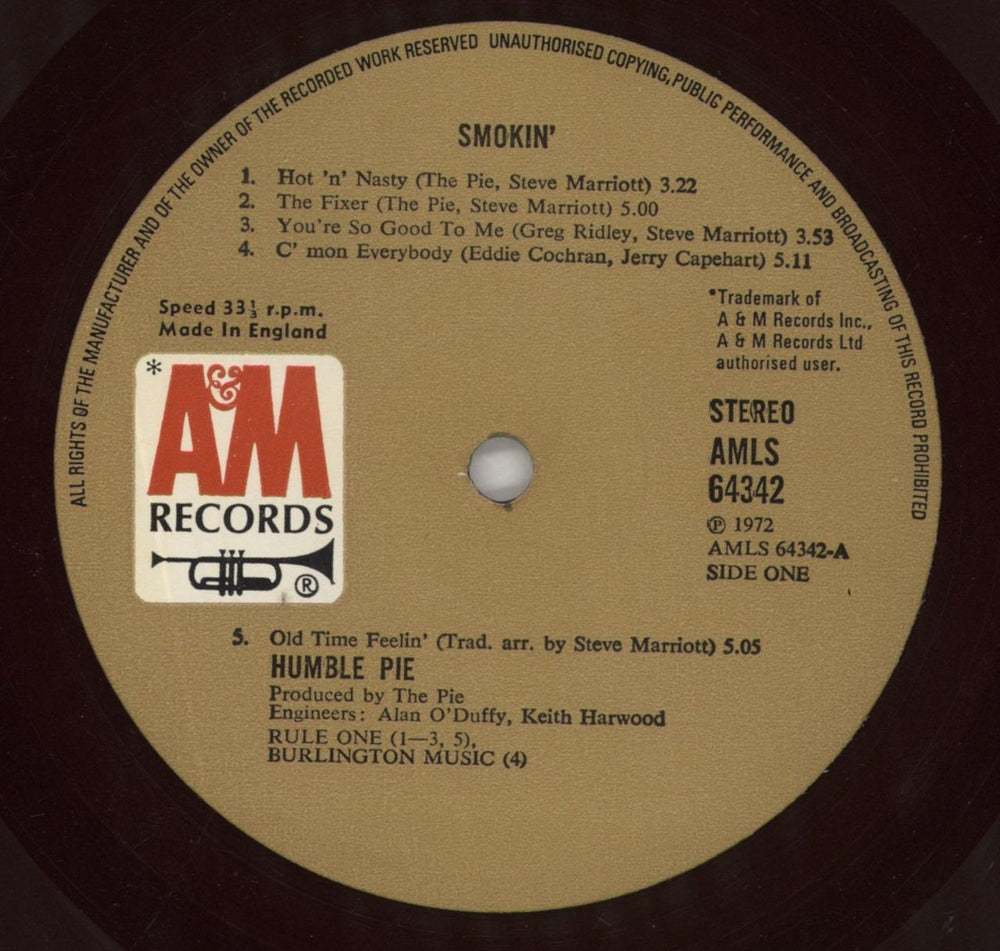 Humble Pie Smokin' - 1st - VG - Red Vinyl UK vinyl LP album (LP record) HMBLPSM858228