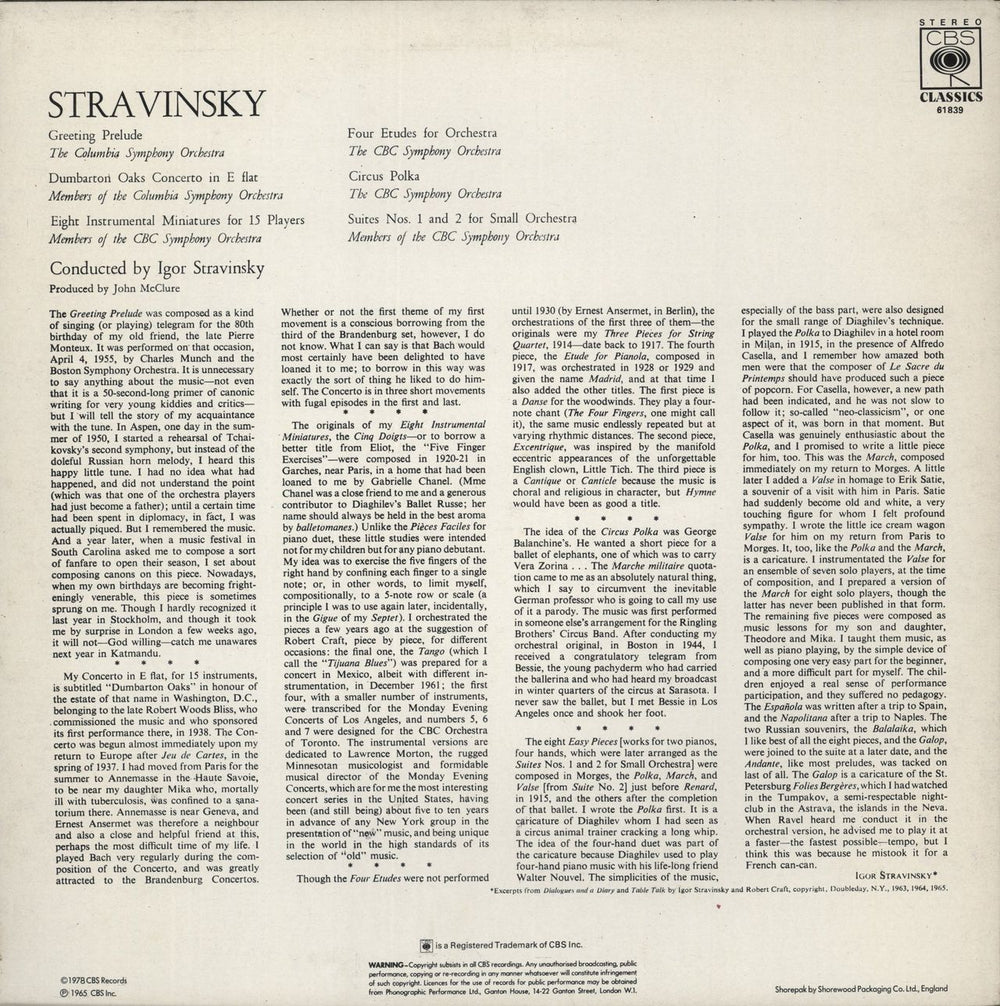 Igor Stravinsky Stravinsky Conducts Favorite Short Pieces UK vinyl LP album (LP record)