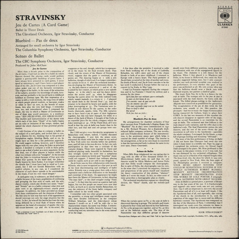 Igor Stravinsky Stravinsky: Jeu De Cartes (A Card Game) - Scenes De Ballet / Tchaikovsky: Bluebird-Pas De Deux UK vinyl LP album (LP record)