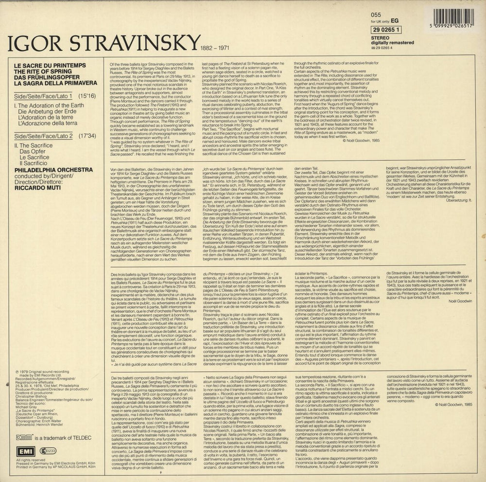 Igor Stravinsky Stravinsky: Le Sacre Du Printemps • The Rite Of Spring • La Sagra Della Promavera German vinyl LP album (LP record) 5099929026517