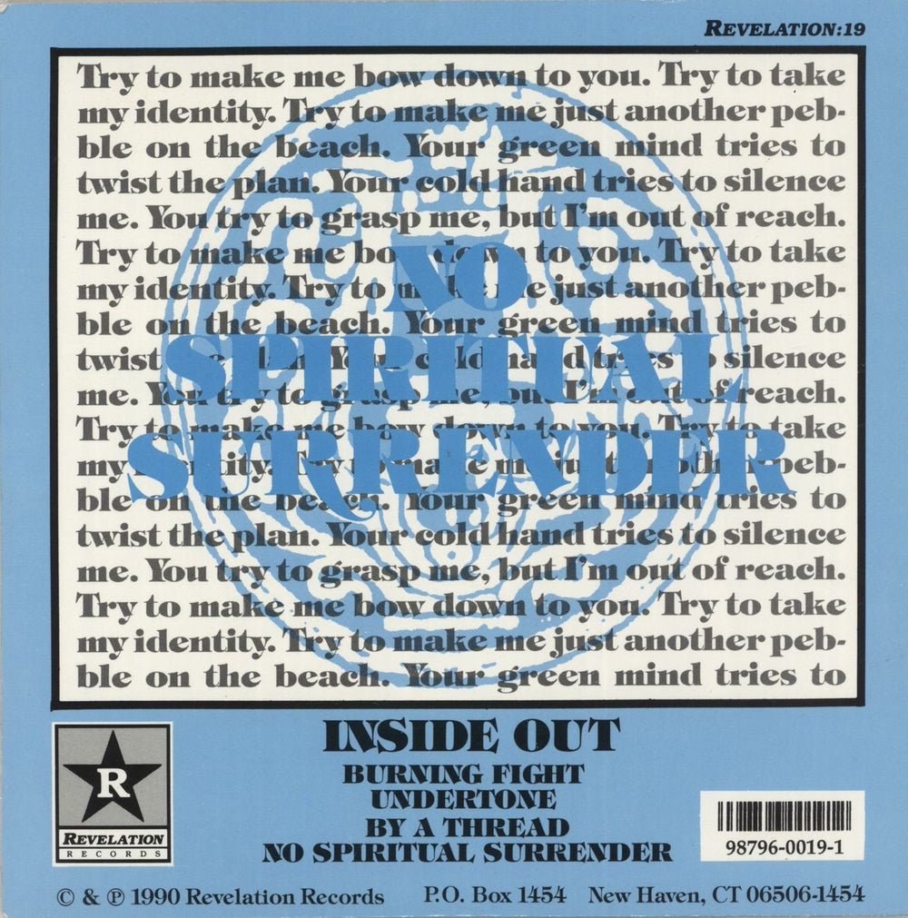 Inside Out No Spiritual Surrender - Black Vinyl US 7" vinyl single (7 inch record / 45) 098796001912