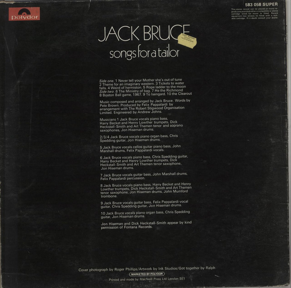 Jack Bruce Songs For A Tailor - Laminated p/s UK vinyl LP album (LP record)