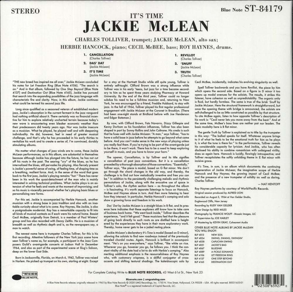 Jackie McLean It's Time! - 180 Gram Vinyl US vinyl LP album (LP record) 602508659270