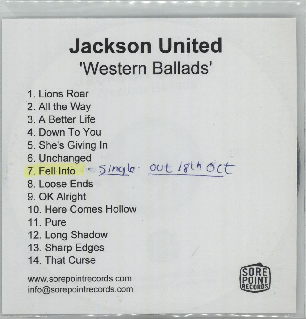 Jackson United Western Ballads + PR UK Promo CD-R acetate CD-R