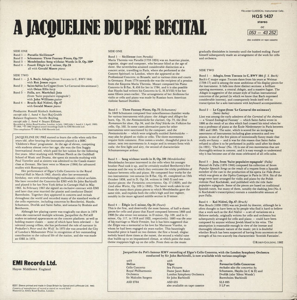 Jacqueline Du Pré A Jacqueline Du Pré Recital - EX UK vinyl LP album (LP record)