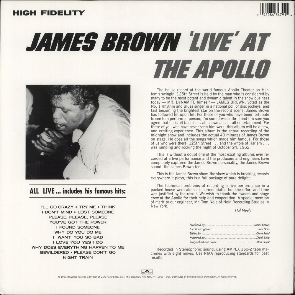 James Brown Live At The Apollo - 180gm Vinyl US vinyl LP album (LP record) 042284347914