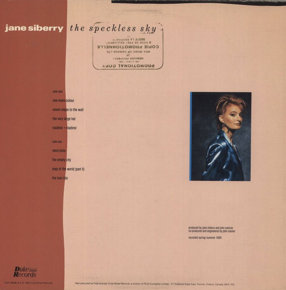 Jane Siberry The Speckless Sky Canadian Promo vinyl LP album (LP record)