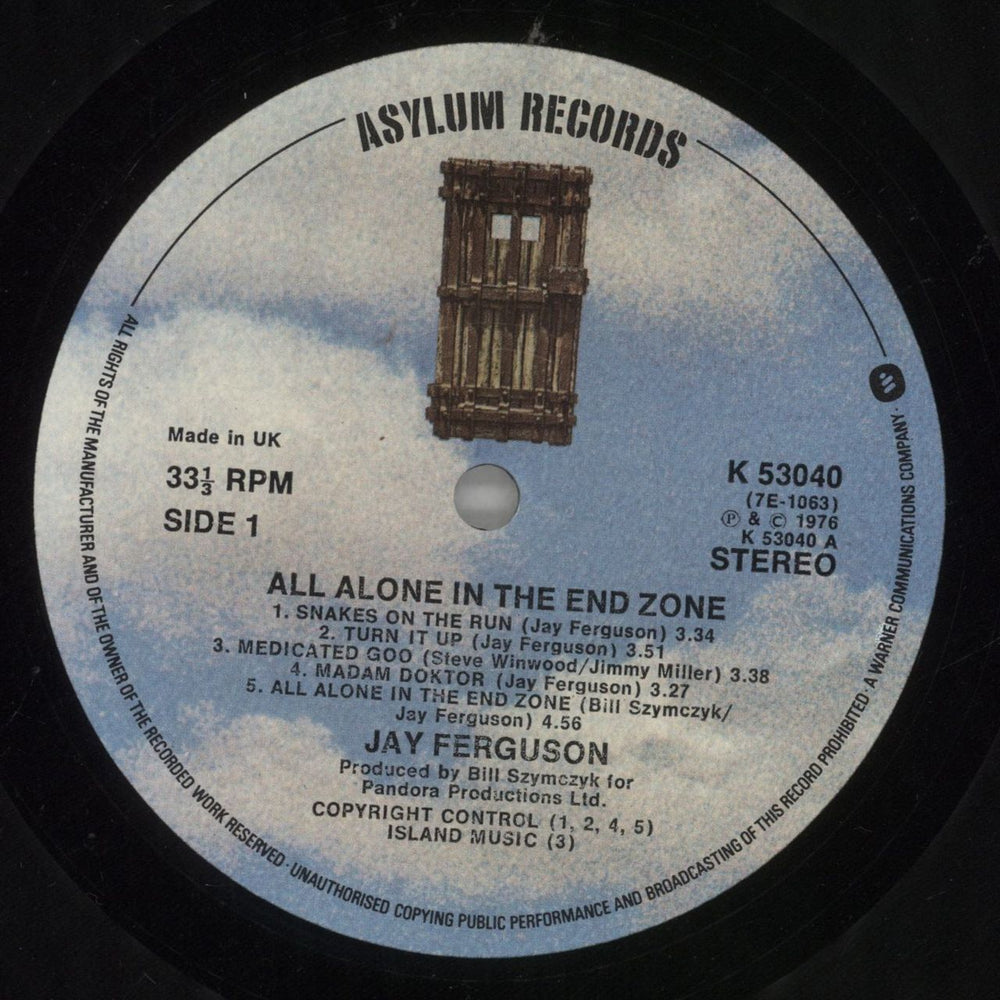 Jay Ferguson All Alone In The End Zone UK vinyl LP album (LP record) FGULPAL186457