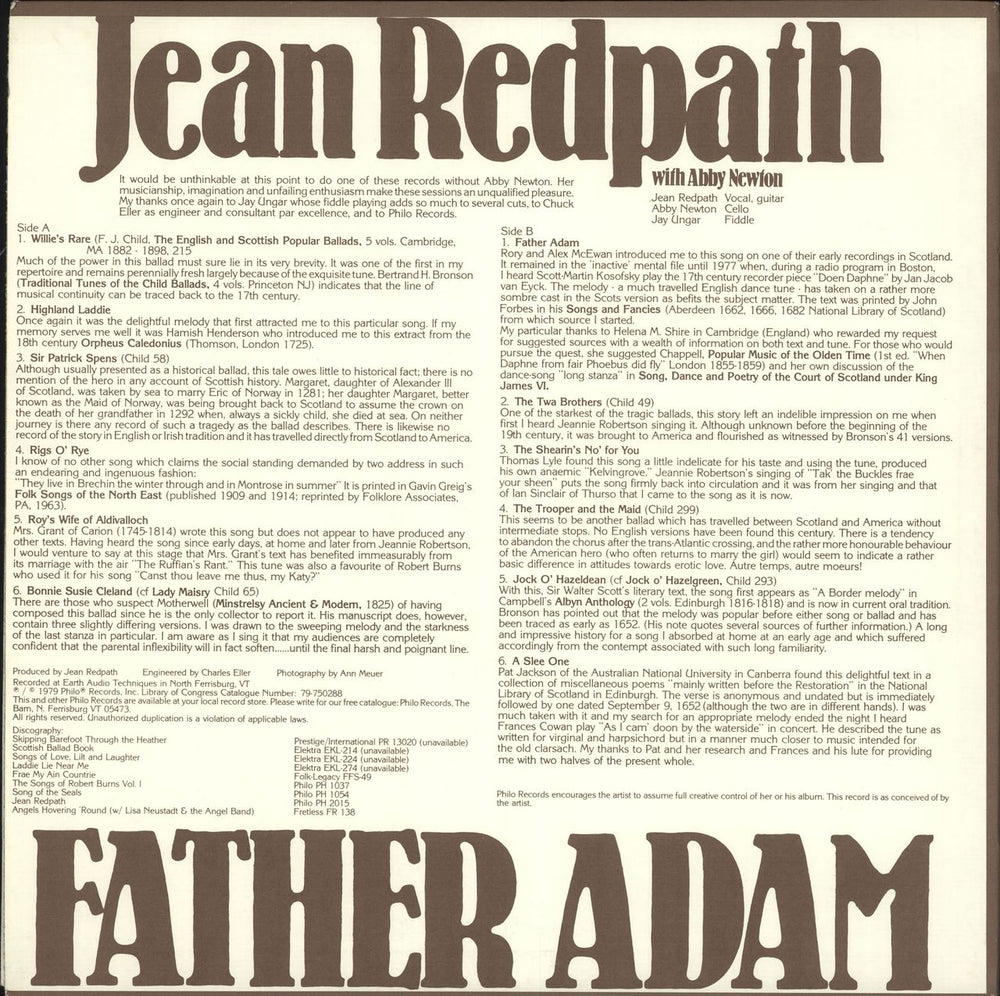 Jean Redpath Father Adam US vinyl LP album (LP record)
