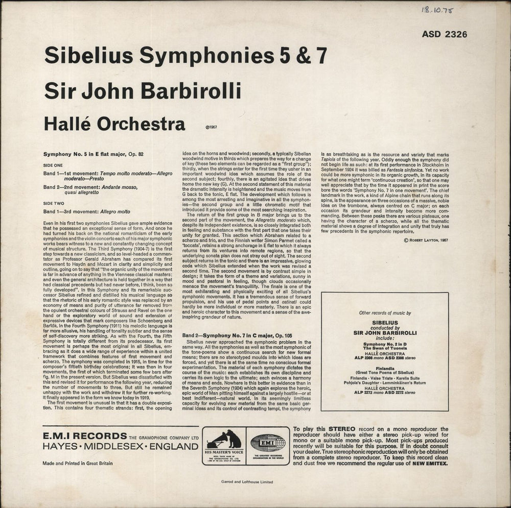 Jean Sibelius Sibelius: Symphony No. 5 In E Flat / Symphony No. 7 In C UK vinyl LP album (LP record)