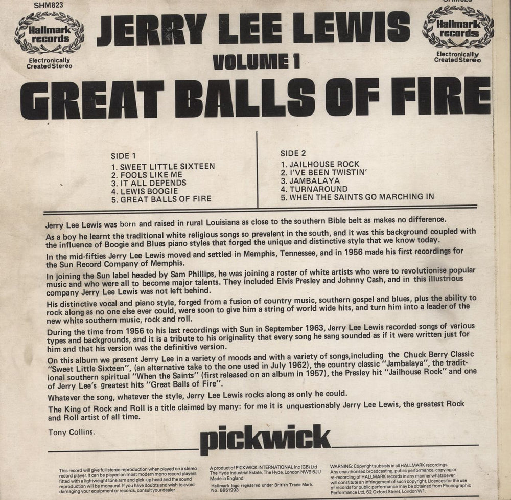 Jerry Lee Lewis Great Balls Of Fire - Volume 1 UK vinyl LP album (LP record)