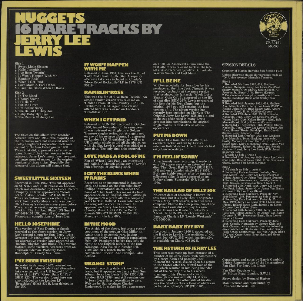 Jerry Lee Lewis Nuggets: 16 Rare Tracks UK vinyl LP album (LP record)