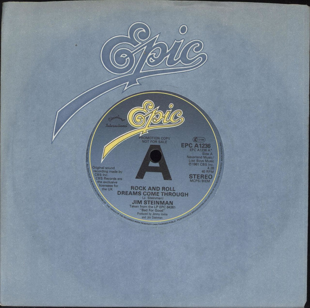 Jim Steinman Rock And Roll Dreams Come Through - Promo UK Promo 7" vinyl single (7 inch record / 45) EPCA1236