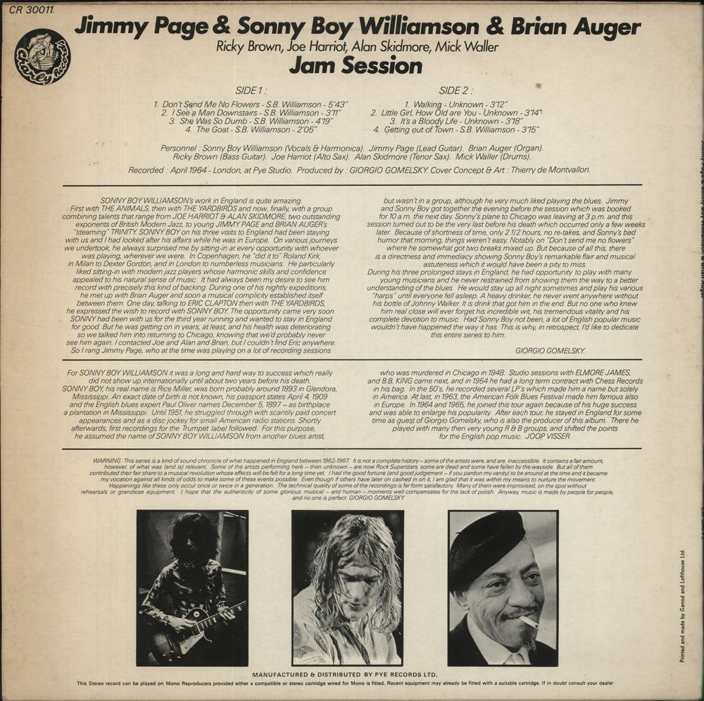 Jimmy Page Jam Session W/sonny Boy Williamson & Brian Auger UK vinyl LP album (LP record)