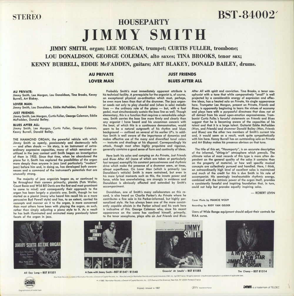 Jimmy Smith (Jazz Organ) House Party French vinyl LP album (LP record)