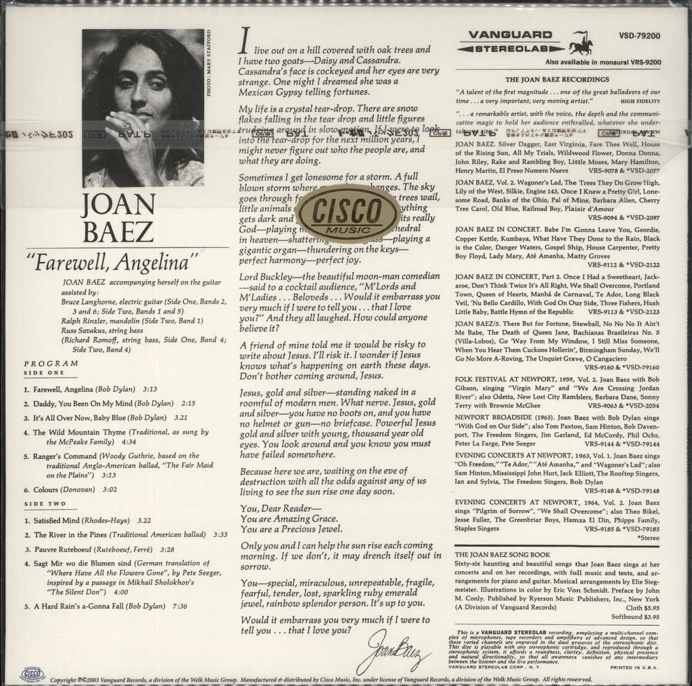 Joan Baez Farewell, Angelina US vinyl LP album (LP record)