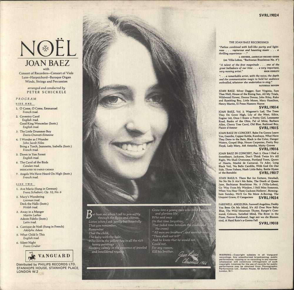 Joan Baez Noël UK vinyl LP album (LP record)