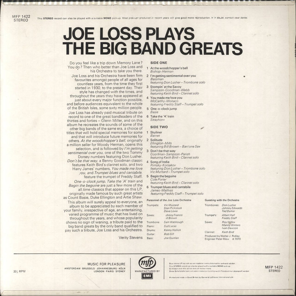 Joe Loss Plays The Big Band Greats UK vinyl LP album (LP record)